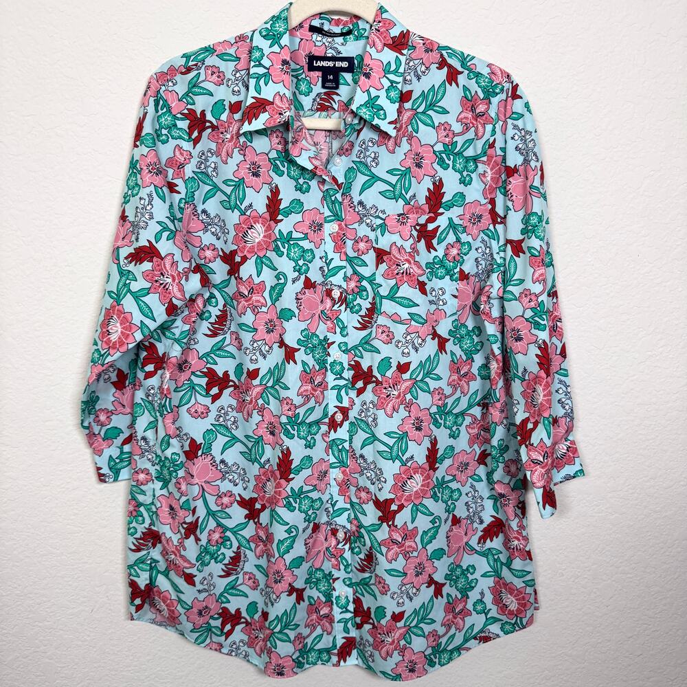 Lands End Womens No Iron Supima Button Shirt Size 14 Floral 100% Cotton Green